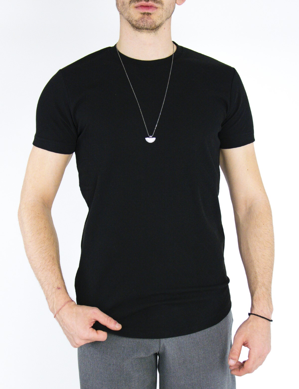 Ανδρική μαύρη κοντομάνικη μπλούζα λαιμόκοψη με γεωμετρικό ζακάρ TST1677G